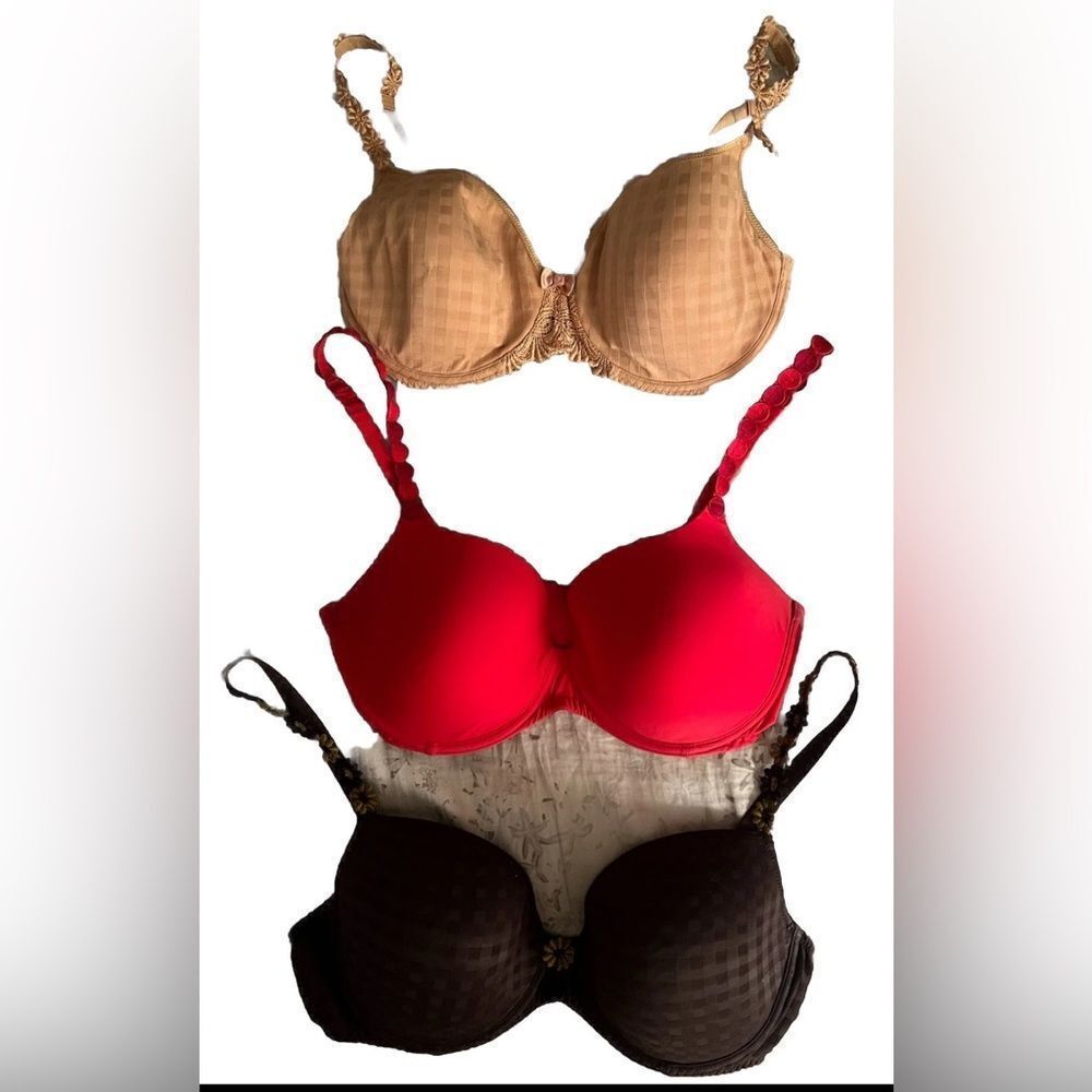 Lovingly Worn Marie Jo Avero Bras 3X Bundle Beige/Drk Brown/Red